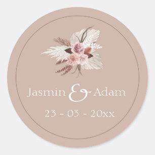 Boho Dusty Pink Dried Flowers Pampas Grass Wedding Classic Round Sticker