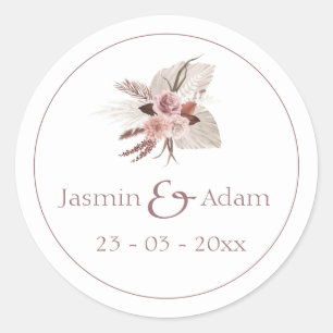Boho Dusty Pink Dried Flowers Pampas Grass Wedding Classic Round Sticker