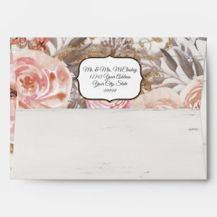BOHO Dusty Pink Fall Floral Rose Wood Watercolor Envelope