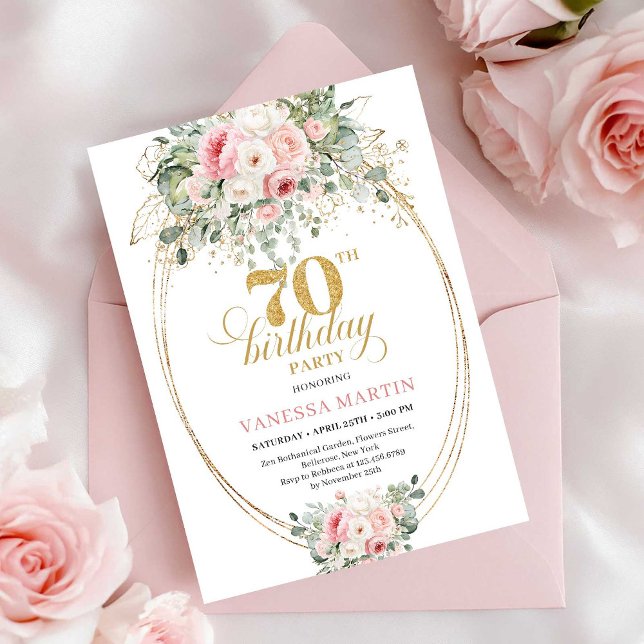 Boho Dusty Pink Floral 70th Birthday Invitation (Boho Dusty Pink Floral 70th Birthday Invitation)