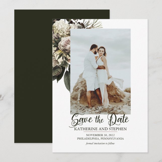 Boho Dusty Pink Floral Bouquet Photo Save The Date (Front/Back)