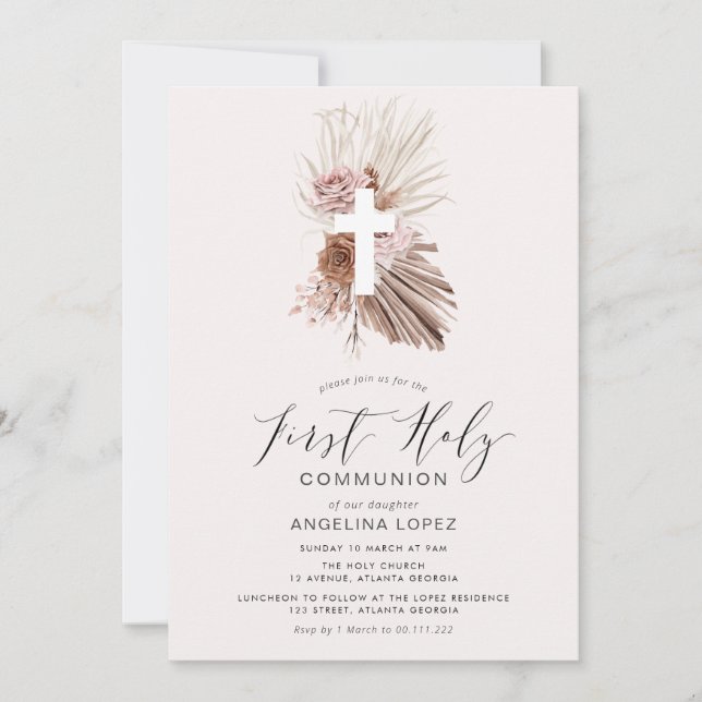 boho dusty pink floral first communion invitation (Front)