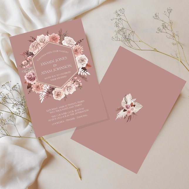 Boho Dusty Pink Floral Wreath Wedding Invitation (Boho Dusty Pink Floral Wreath Wedding Invitation)