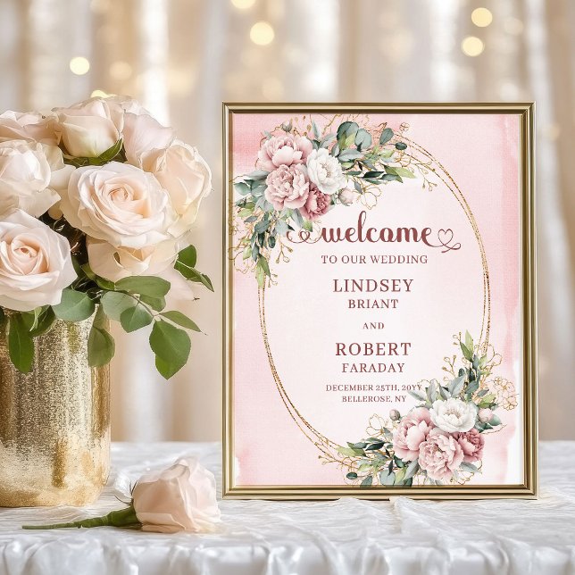 Boho Dusty Pink Flowers Gold Glitter Welcome Sign (Romantic Blush Floral Greenery Gold Wedding Welcome)