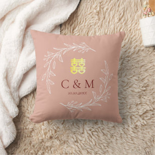 Boho dusty pink leaf wreath modern Chinese wedding Cushion