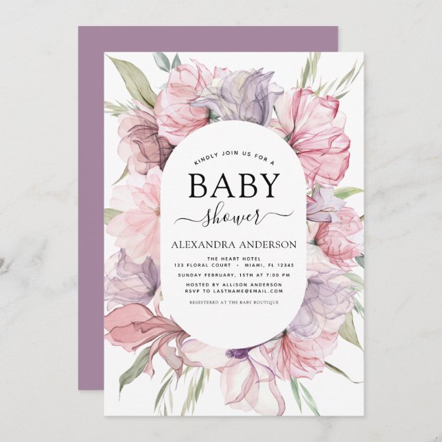 Boho Dusty Pink Purple Baby Shower Invitation (Front/Back)