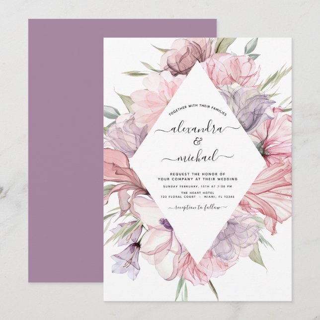 Boho Dusty Pink Purple Wedding Invitation (Front/Back)
