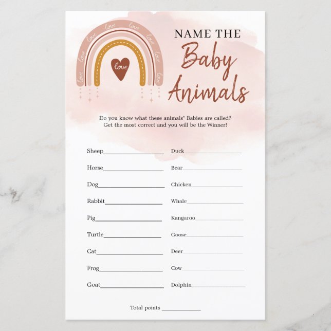 Boho Dusty Pink Rainbow Name The Baby Animals (Front)