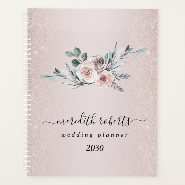 Boho Dusty Pink Roses Blush Glitter Annual Planner (Front)