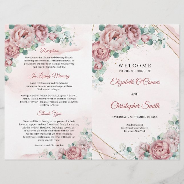 Boho dusty pink roses eucalyptus gold folded (Front)