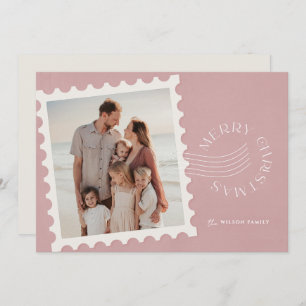 Boho Dusty Pink Stamp 2 Photo Christmas Holiday Card