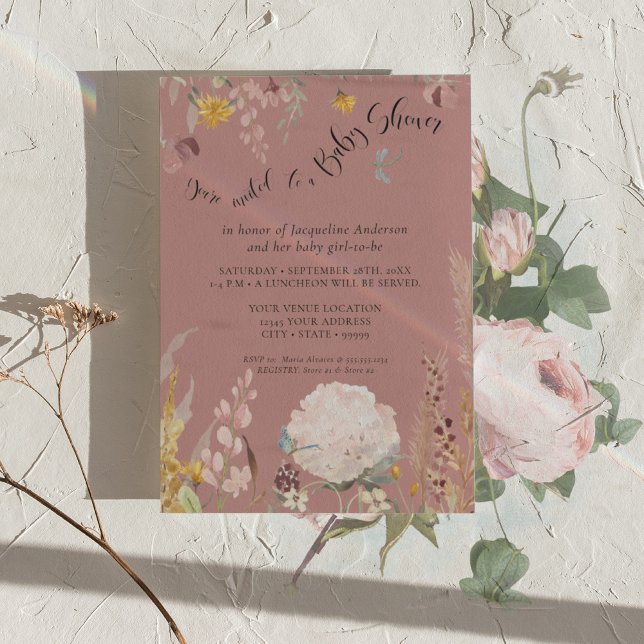 BOHO Dusty Pink Watercolor Floral Butterfly Baby Invitation (Creator Uploaded)