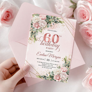Boho Dusty Pink Watercolor Rose Gold 60th Birthday Invitation