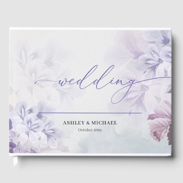 Boho dusty purple blue mauve spring floral wedding guest book (Front)