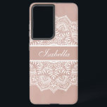 Boho Dusty Rose and White Mandala Custom Name Samsung Galaxy Case<br><div class="desc">Introducing the Boho Dusty Rose Mandala Custom Name Samsung Galaxy S21 Case! Add a touch of personalised style to your phone with this unique and eye-catching accessory. Crafted on a matt terracotta base, it features a stunning white mandala design that exudes bohemian charm. But that's not all - you can...</div>