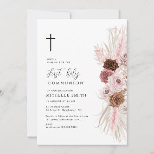 boho dusty rose floral first communion invitation