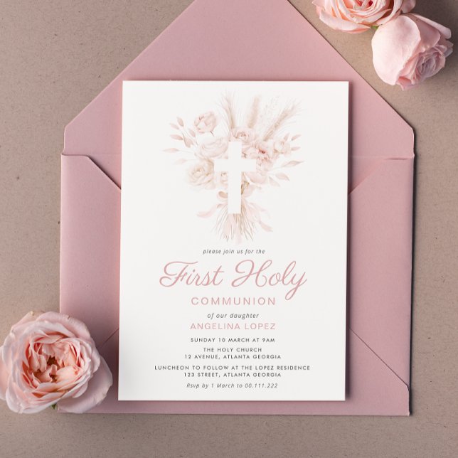 boho dusty rose floral first communion invitation (Creator Uploaded)