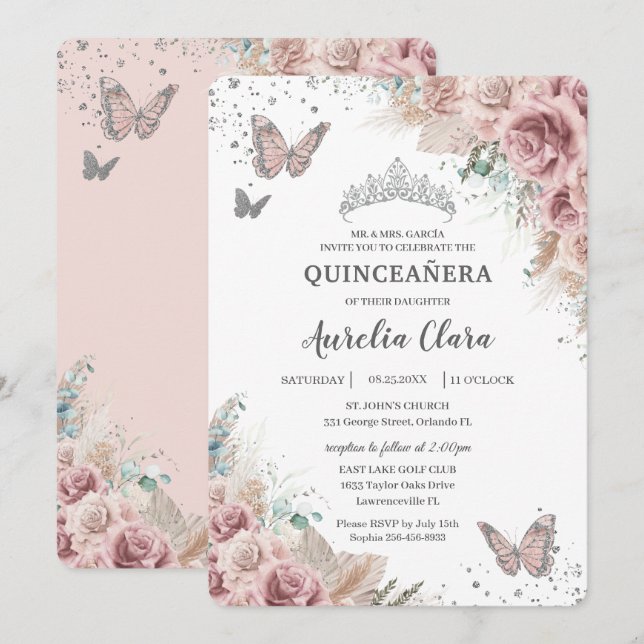 Boho Dusty Rose Floral Pampas Silver Quinceañera Invitation (Front/Back)