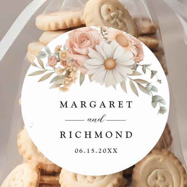 Boho Dusty Rose Floral Wedding Classic Round Sticker (Creator Uploaded)