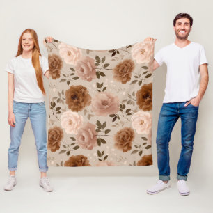 Boho Dusty Rose Flower Beige Floral Pattern Fleece Blanket