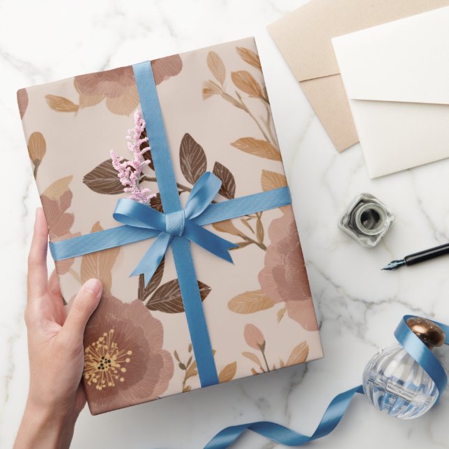 Boho Dusty Rose Flower Beige Floral Pattern Wrapping Paper (Gifting)