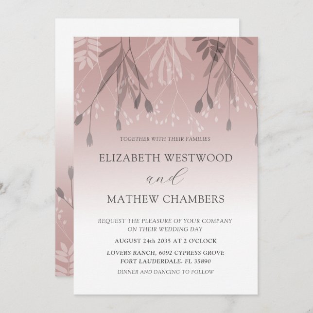 Boho Dusty Rose Gold Pressed Foliage Wedding  Invitation (Front/Back)