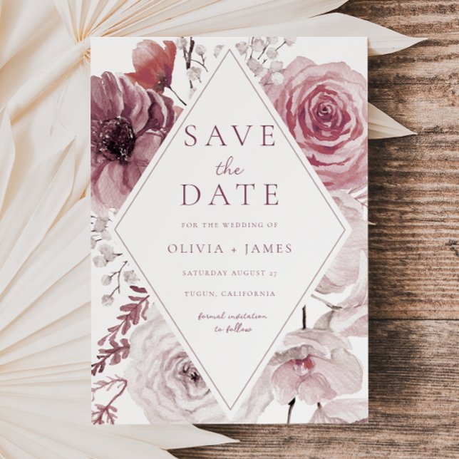 Boho Dusty Rose & Mauve Floral Frame Wedding Save The Date (Creator Uploaded)