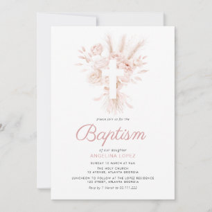 boho dusty rose pampas floral baptism invitation