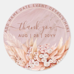  Boho Dusty Rose Pampas Grass Thank You Favour Cla Classic Round Sticker