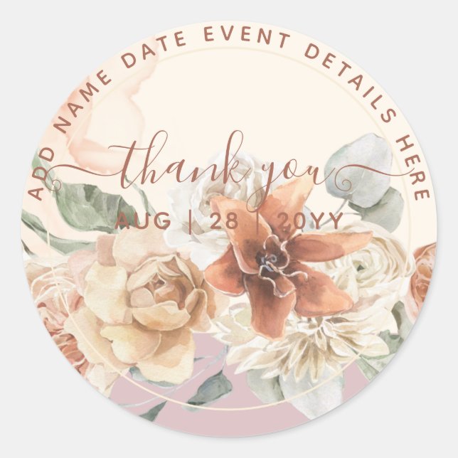 Boho Dusty Rose Pampas Grass Thank You Favour      Classic Round Sticker (Front)