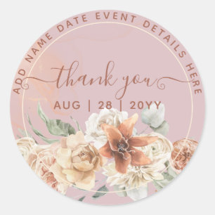 Boho Dusty Rose Pampas Grass Thank You Favour Classic Round Sticker