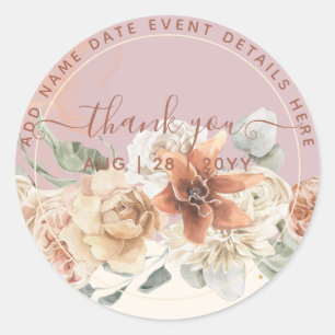 Boho Dusty Rose Pampas Grass Thank You Favour Classic Round Sticker