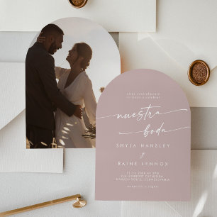 Boho Dusty Rose Pink Photo Arch Spanish Wedding Invitation