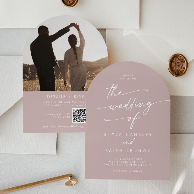 Boho Dusty Rose Pink Photo QR Code Arch Wedding Invitation (Creator Uploaded)
