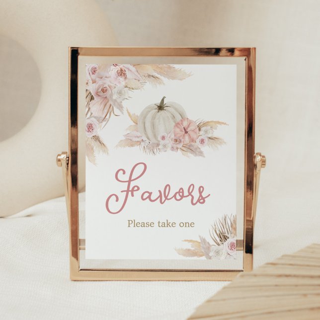Boho Dusty Rose Pumpkin Baby Shower Favours Poster (Pink Floral Pumpkin Baby Shower Favors Sign)