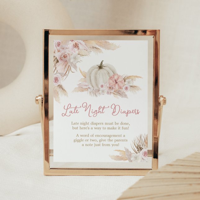 Boho Dusty Rose Pumpkin Late Night Diapers Poster (Pink Floral Pumpkin Baby Shower Late Night Diapers Sign)