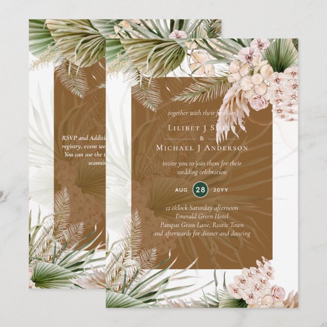 BOHO Earth Colour Pampas Grass Wedding Invitation (Front/Back)