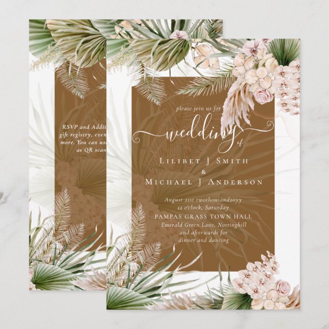 BOHO Earth Colour Pampas Grass Wedding Invitation (Front/Back)