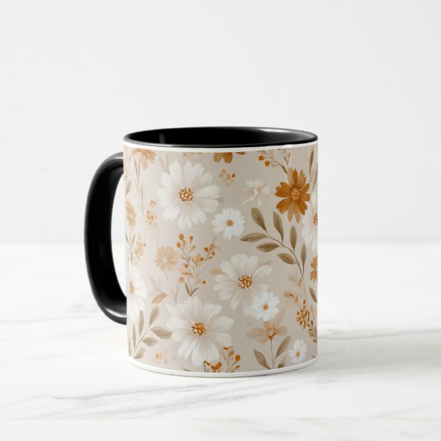 Boho Earth Tone Daisy Tan Floral Pattern Mug (Front Left)