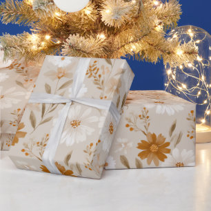 Boho Earth Tone Daisy Tan Floral Pattern Wrapping Paper