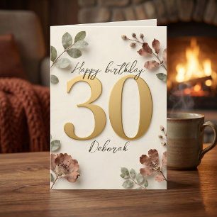 Boho Earth Tone Floral Gold 30th Birthday Card