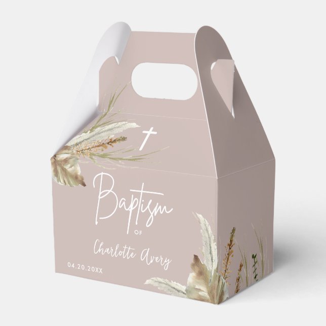 Boho Earth tone pampas grass blush pink baptism  Favour Box (Front Side)