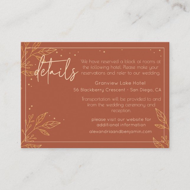 Boho Earthy Brown & Gold Modern Wedding Details Enclosure Card (Front)