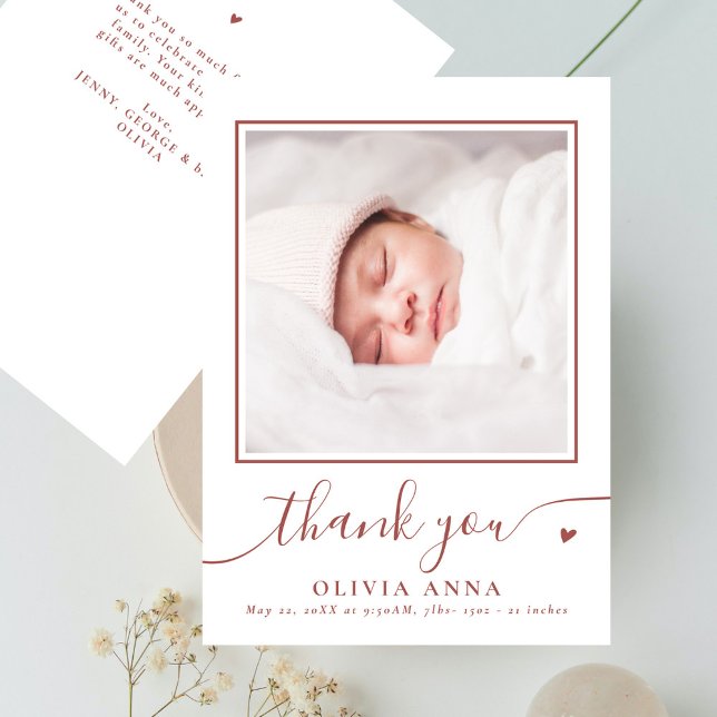 Boho Earthy Elegant Script Baby Shower Photo Thank You Card (Creator Uploaded)