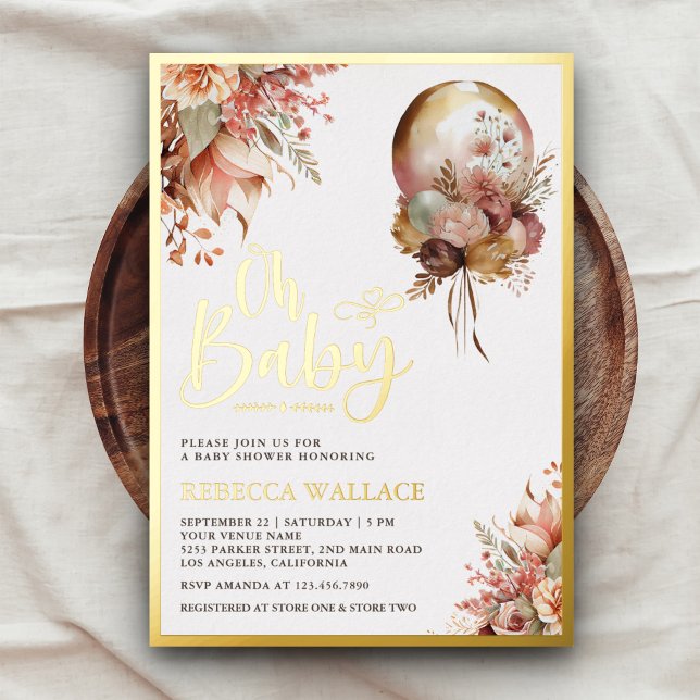 Boho Earthy Floral Balloon Girl Baby Shower Gold (Creator Uploaded)