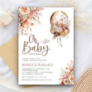Boho Earthy Floral Balloon Girl Baby Shower Invitation