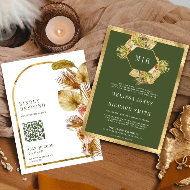 Boho Earthy Floral Olive Green QR Code Wedding Invitation (Creator Uploaded)