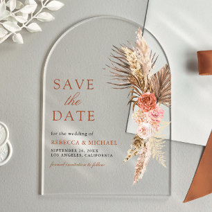 Boho Earthy Floral Pampas Wedding Save the Date Acrylic Invitations