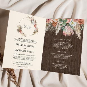 Boho Earthy Floral Pampas Wood QR Code Wedding Invitation