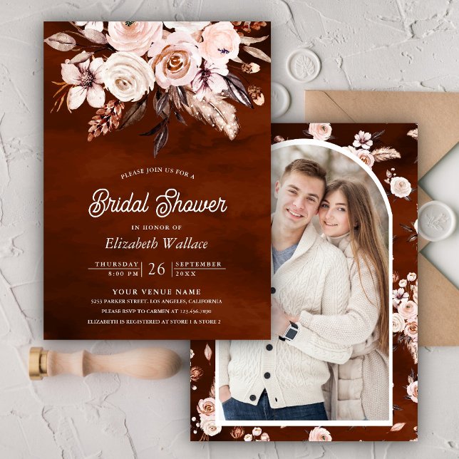 Boho Earthy Floral Photo Terracotta Bridal Shower Invitation (Creator Uploaded)